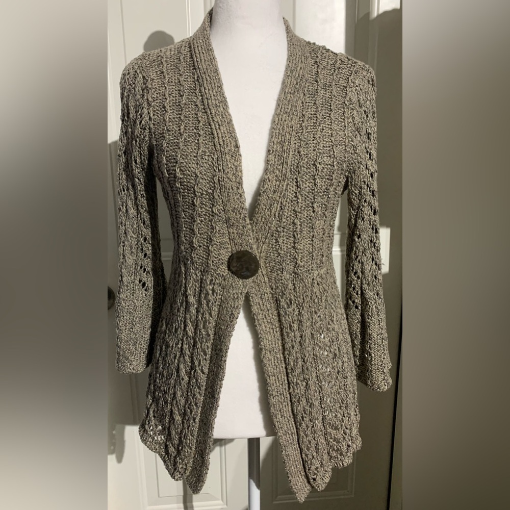 Marisa Christina Sweater Taupe Beige Multi V-Neck Cable Knit 3/4 Sleeve - Size S